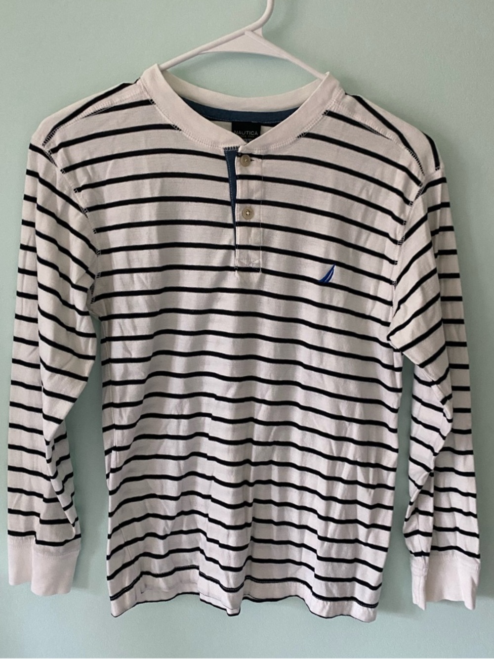 Nautica Boy’s White Long-Sleeve Henley with Navy Stripes